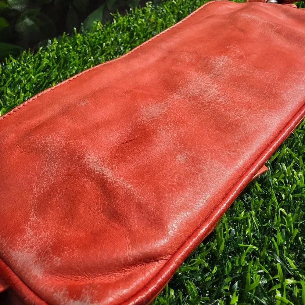 Hobo International Orange Red Ruffle Leather Wristlet Clutch Bag